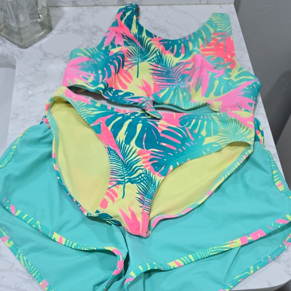 Arizona Jean Company Tropical Print Bikini 3pc Set Kid Size M (10/12)